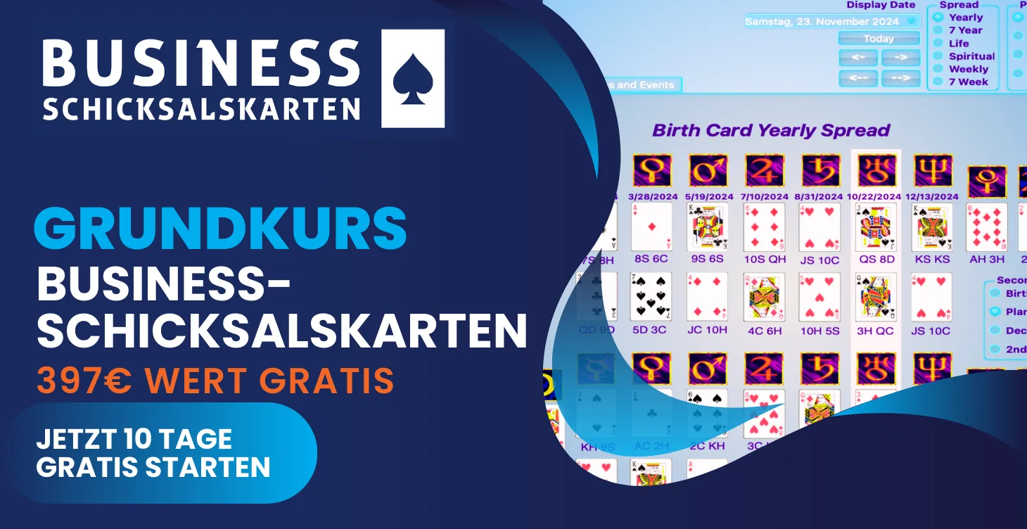 Hero-Banner für Business Schicksalskarten Community mit Grundkurs-Angebot und Tarot-Karten-Interface