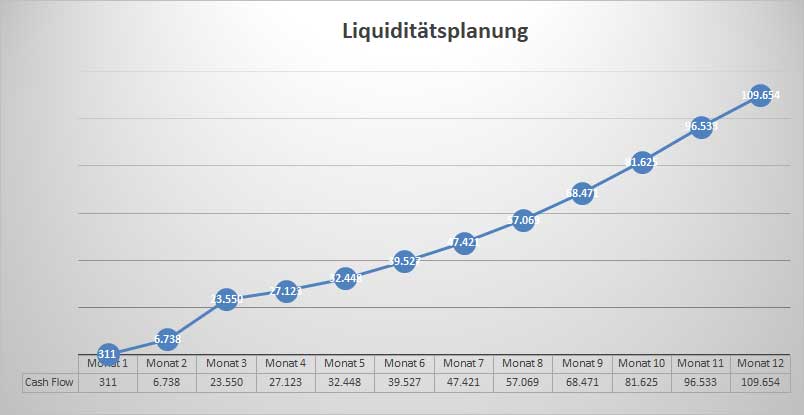 Liquiditätsplanungsgraph mit Cashflow-Kurve über 12 Monate ansteigend