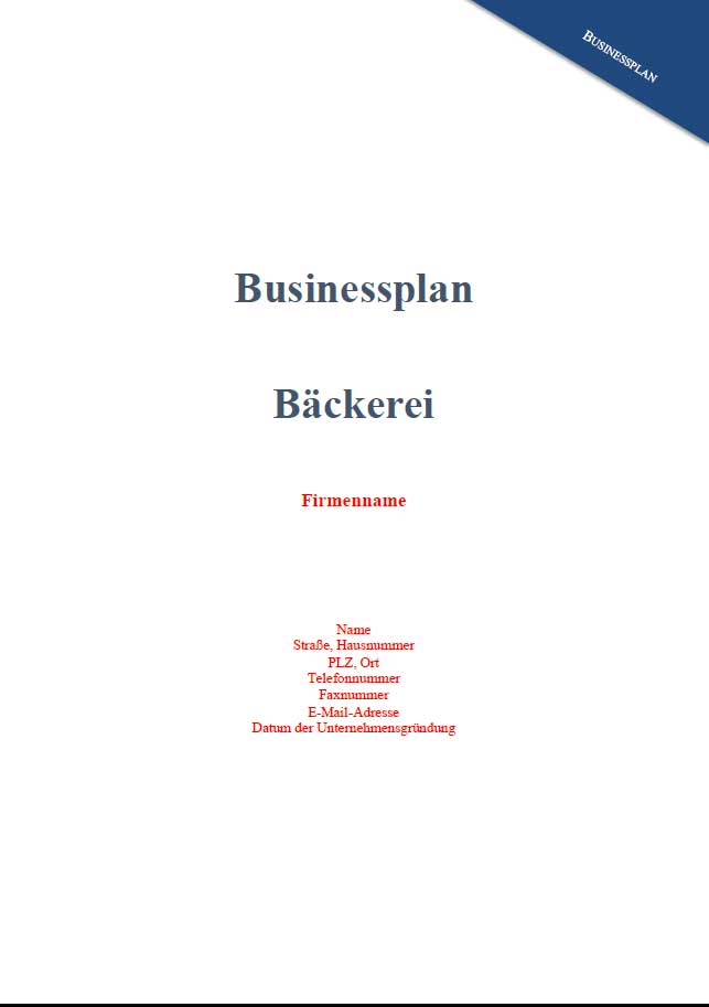 Titelseite Businessplan Bäckerei mit Platzhaltern für Firmendaten