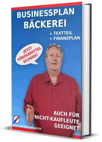 Businessplan Bäckerei Buchcover mit Mann in rotem Hemd, Promo-Sticker, 350x485px