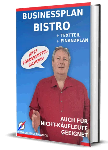 Businessplan Bistro Vorlage mit Mann in rotem Hemd, Buch-Mockup mit blauem Cover
