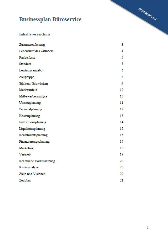 Inhaltsverzeichnis Businessplan Büroservice mit 21 Kapiteln und Seitenzahlen