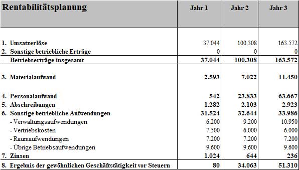 Rentabilitätsplanungstabelle für 3 Jahre mit Umsatzerlösen, Material-, Personal- und Betriebskosten