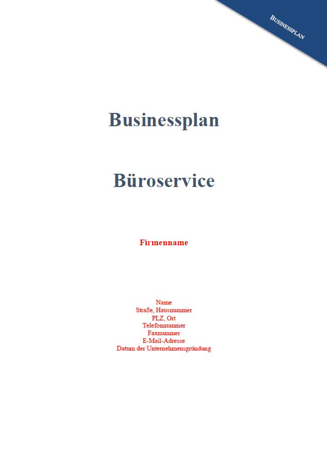 Titelseite Businessplan Büroservice mit Platzhaltern für Firmendaten und Kontaktinformationen
