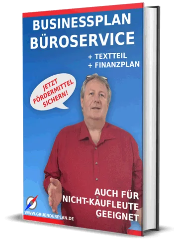 Businessplan Büroservice Vorlage mit Texteil und Finanzplan, Buchcover mit Mann im roten Hemd