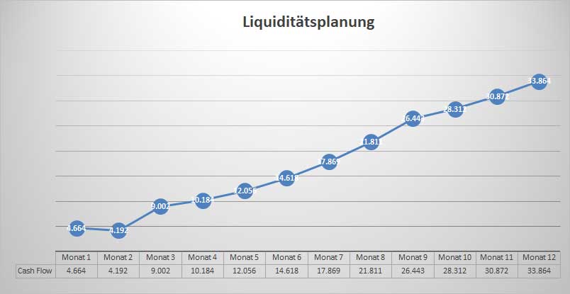 Businessplan Fahrschule – Vorlage mit Excel-Finanzplan 9 Liquiditätsplanungsgraph für Businessplan Fahrschule zeigt Cashflow über 12 Monate