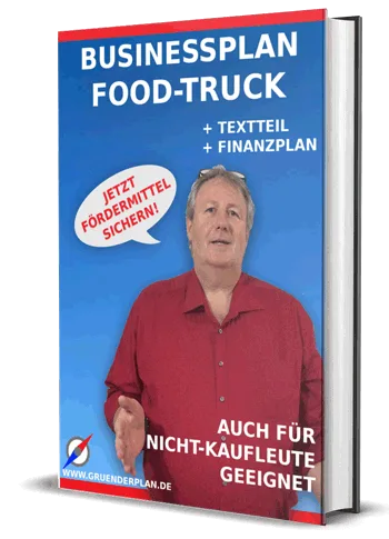Businessplan Foodtruck – Vorlagen-Paket mit Finanzplan 2 Businessplanvorlage Foodtruck Cover mit Mann in rotem Hemd, Buch-Mockup mit Textteil und Finanzplan