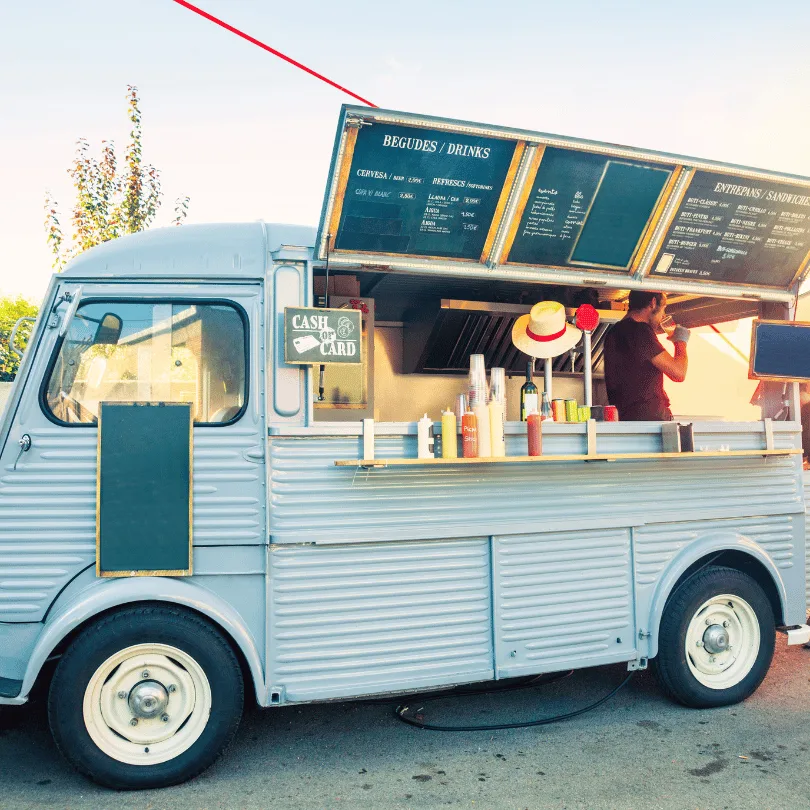 Businessplan Foodtruck – Vorlagen-Paket mit Finanzplan 1 Betriebsbereiter Foodtruck in Hellblau mit offener Serviceluke, Speisekarte und Mitarbeiter mit Hut
