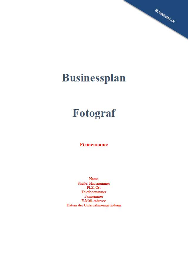 Titelseite Businessplan Fotograf mit Firmenname und Kontaktdaten