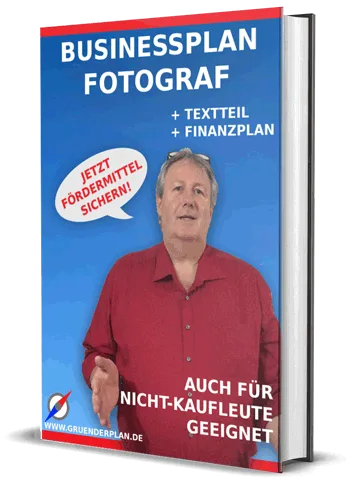 Businessplan Fotograf Buchcover mit Mann in rotem Hemd, Titel und Textbaustein-Finanzplan-Hinweis
