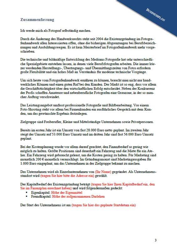 Zusammenfassung Businessplan Fotograf mit Gründerbeschreibung und Finanzierungshinweisen