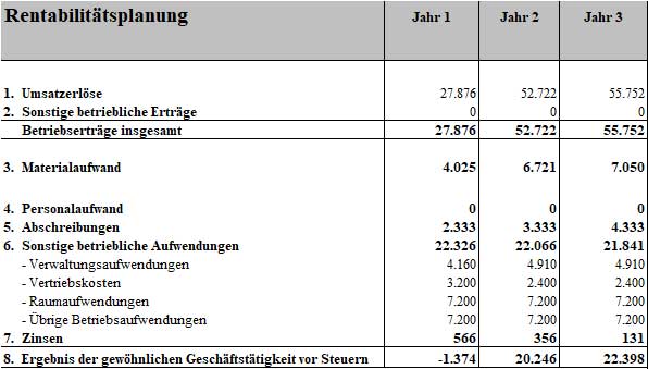 Rentabilitätsplanungstabelle mit Umsatzerträgen, Aufwendungen und Gewinnberechnung für 3 Jahre