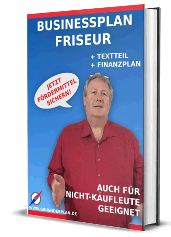 Businessplan Friseur Buch-Cover mit Mann in rotem Hemd, Texteil und Finanzplan