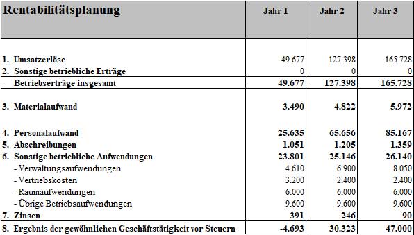 Rentabilitätsplanungs-Tabelle mit Umsatzerläsen, Aufwendungen und Ergebnis für 3 Jahre
