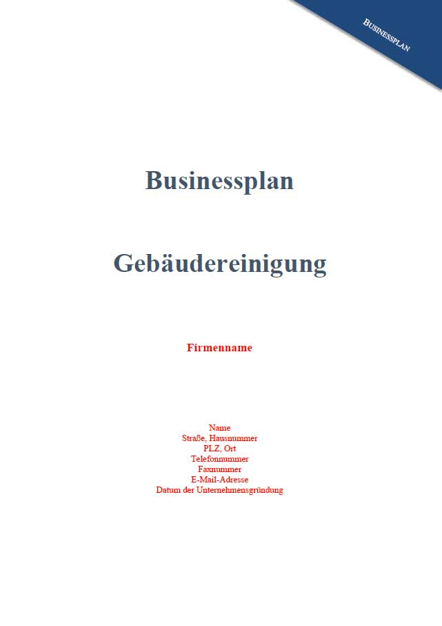 Titelseite des Businessplans Gebäudereinigung mit Firmennamenfeld und Kontaktdaten-Vorlage