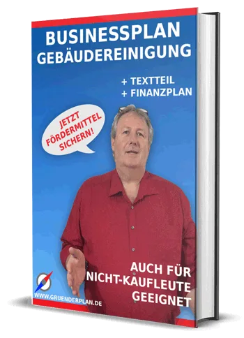 Businessplanvorlage Gebäudereinigung Cover mit Mann im roten Hemd, Buch mit blauem Umschlag und Textteil Finanzplan