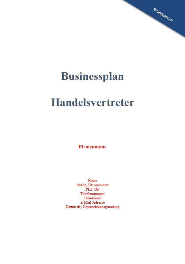 Titelseite Businessplan Handelsvertreter mit Firmenname, Name, Adresse und Gründungsdatum