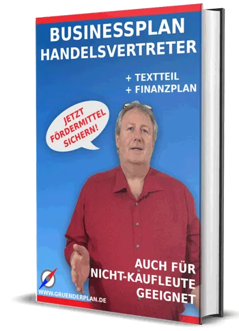 Businessplan Handelsvertreter Buch-Cover mit Mann in rotem Hemd, blauem Hintergrund, Zusatz Textteil und Finanzplan