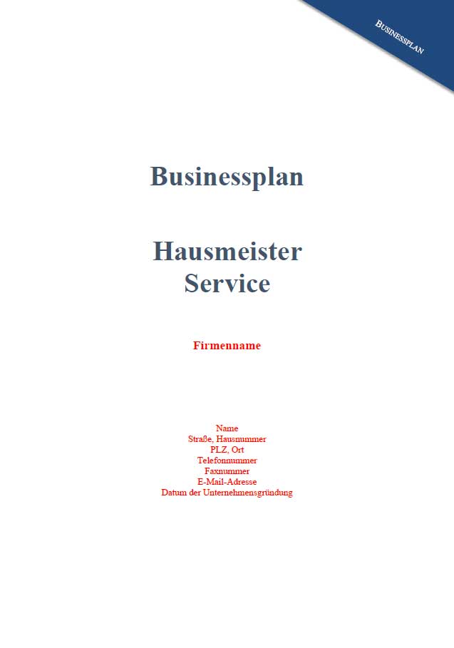 Titelseite des Businessplan Hausmeisterservice mit Formularen für Firmendaten