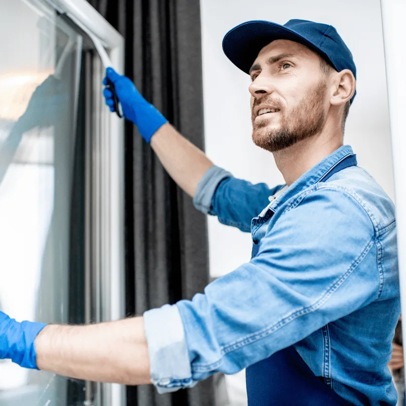 Hausmeister in blauem Hemd und Mütze mit Reinigungshandschuhen beim Fensterputzen
