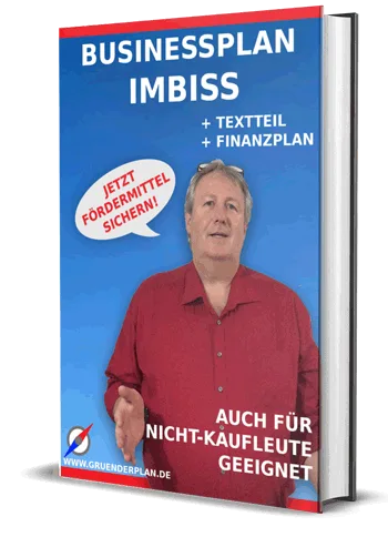 Businessplan Imbiss – Vorlagenpaket zur Gründung von Dirk Leimkuhl 2 Businessplan Imbiss Buch-Cover mit Mann in rotem Hemd vor blauem Hintergrund, Titel und Fordemittel-Siegel