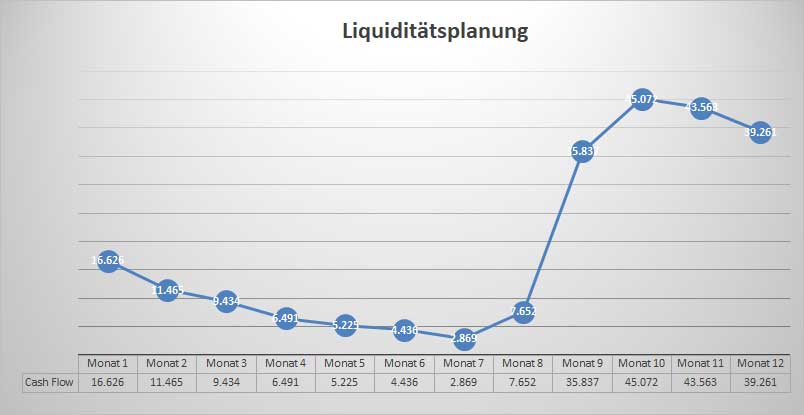 Liquiditätsplanungs-Grafik für Businessplan Immobilienmakler mit Linien-Diagramm zeigend Cash Flow über 12 Monate mit Wertang