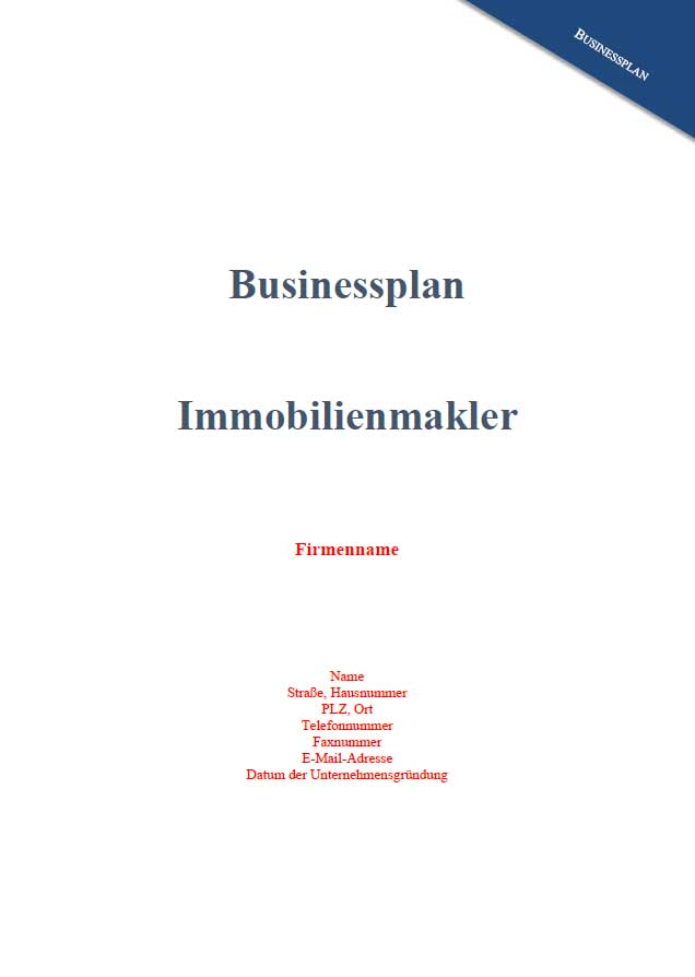 Titelseite Businessplan Immobilienmakler mit blauem Winkel-Design, Text Firmenname, Name, Adresse, PLZ, Ort, Telefonnummer, F