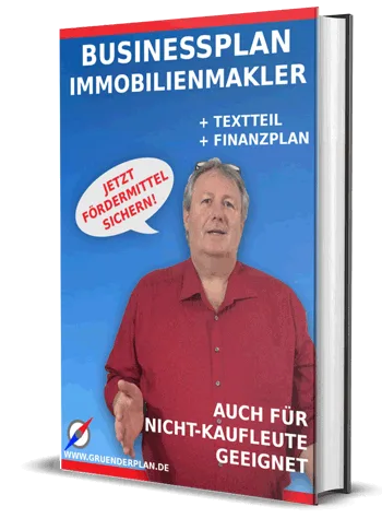 Businessplan Immobilienmakler Buch-Cover mit Mann in rotem Hemd, blauem Hintergrund, Text "Jetzt Förderung sichern", "auch fü