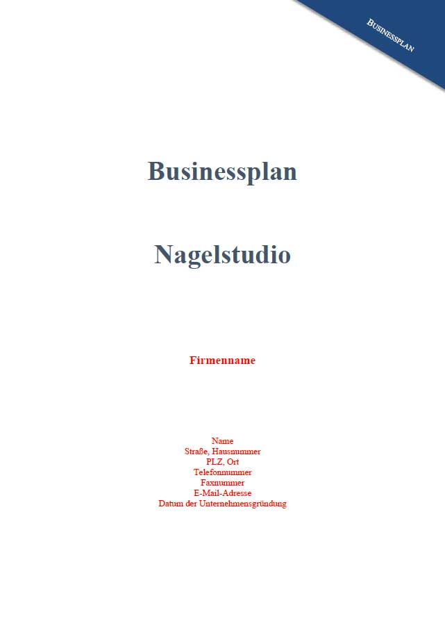 Titelseite Businessplan Nagelstudio mit Platzhaltern für Firmennamen und Gründerdaten