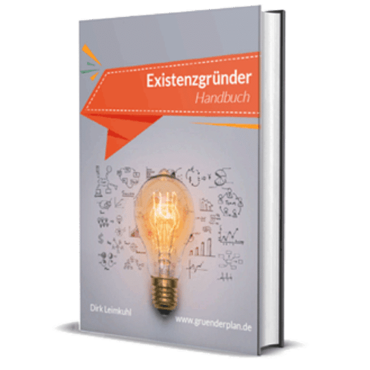 Handbuch Existenzgründer Buch-Cover mit Glühbirne und grafischen Designelementen auf grauem Hintergrund