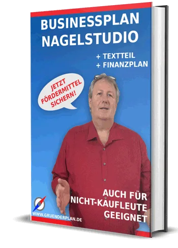Businessplan Nagelstudio Buch-Cover mit Mann in rotem Hemd vor blauem Hintergrund, Förderung gesichert Badge