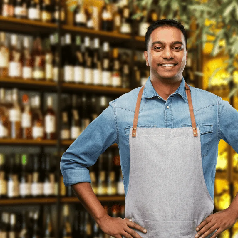 Lächelnder Mann mit Schürze vor Weinflaschen-Regalen im Weinhandel