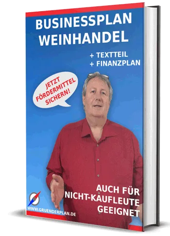 Businessplan Weinhandel Buch-Cover mit Mann in rotem Hemd, blauem Hintergrund, Textteile und Finanzplan erwähnt
