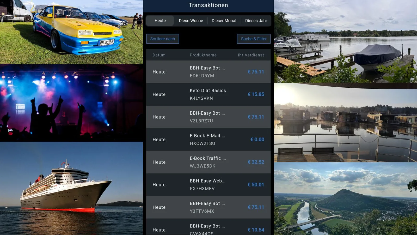 Bye Bye Hamsterrad – Online-Business-Mitgliedschaft 3 Collage mit buntem Auto, Party-Szenerie, Kreuzfahrtschiff, Booten und Landschaften
