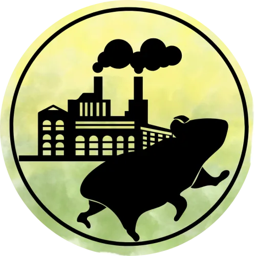 Bye Bye Hamsterrad – Online-Business-Mitgliedschaft 1 Gelber Kreis mit schwarzer Silhouette eines Hamsters vor Fabrikgebäude