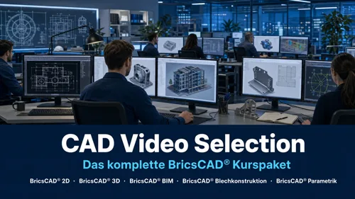 CAD-Video Selection Hero-Banner mit BricsCAD Kurspaket, Büroumgebung mit mehreren Monitoren zeigt CAD-Zeichnungen