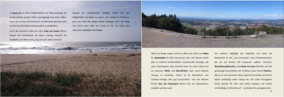Buchseiten mit Text und Fotos von Strand, Stadt und Küstenlandschaft