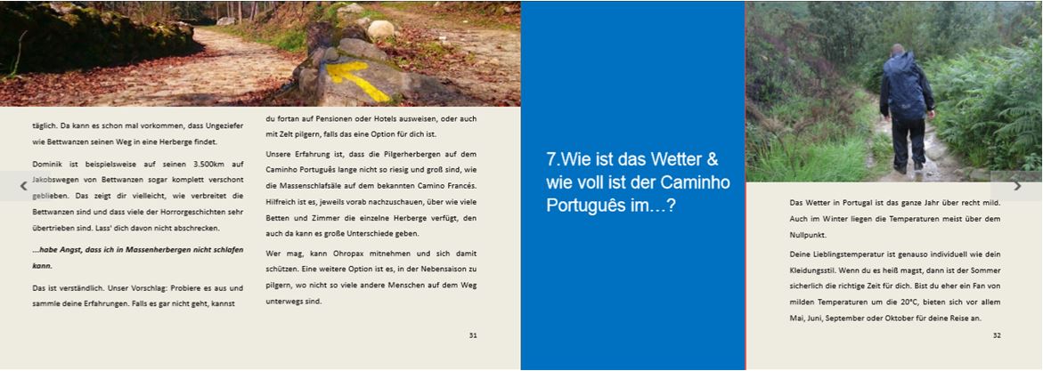 Buchseiten mit Waldweg-Foto und blauem Textblock zum Wetter