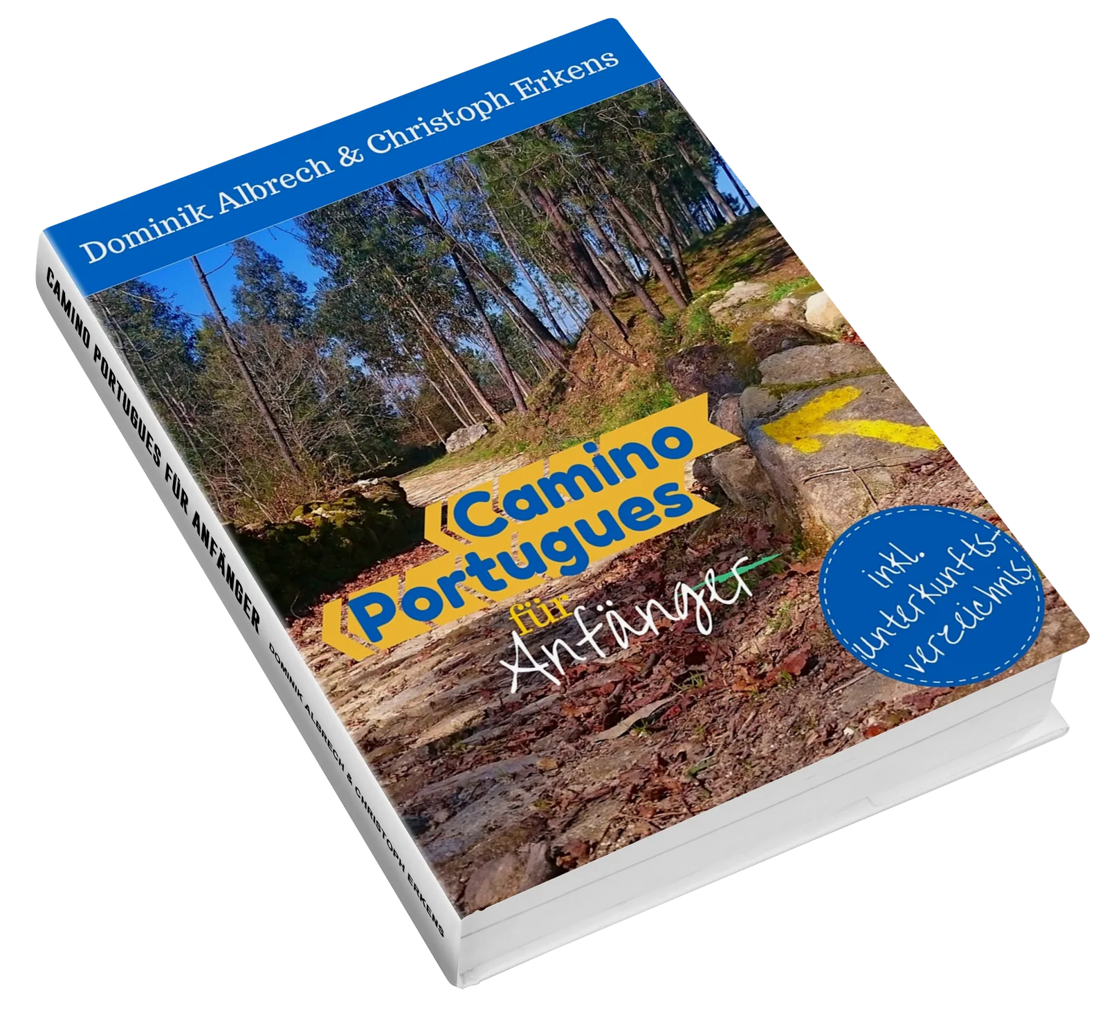 Camino Portugues für Anfänger Buch von Dominik Albrech und Christoph Erkens mit Waldweg und gelbem Pfeil