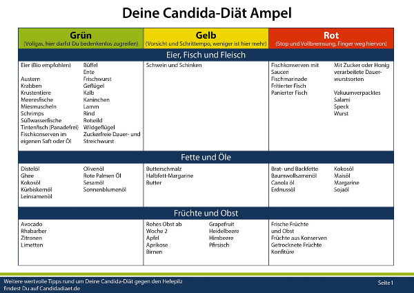Candida – Mitgliederbereich mit Rezepten 6 Candida-Diät Ampel mit grüner, gelber und roter Spalte für Lebensmittel-Kategorien