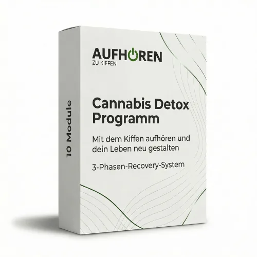 Cannabis Detox Programm Produktbox mit AUFHÖREN ZU KIFFEN Logo und 3-Phasen-Recovery-System