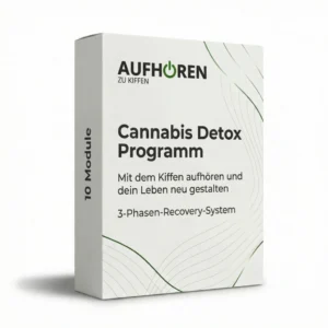 Cannabis Detox Programm Produktbox mit AUFHÖREN ZU KIFFEN Logo und 3-Phasen-Recovery-System