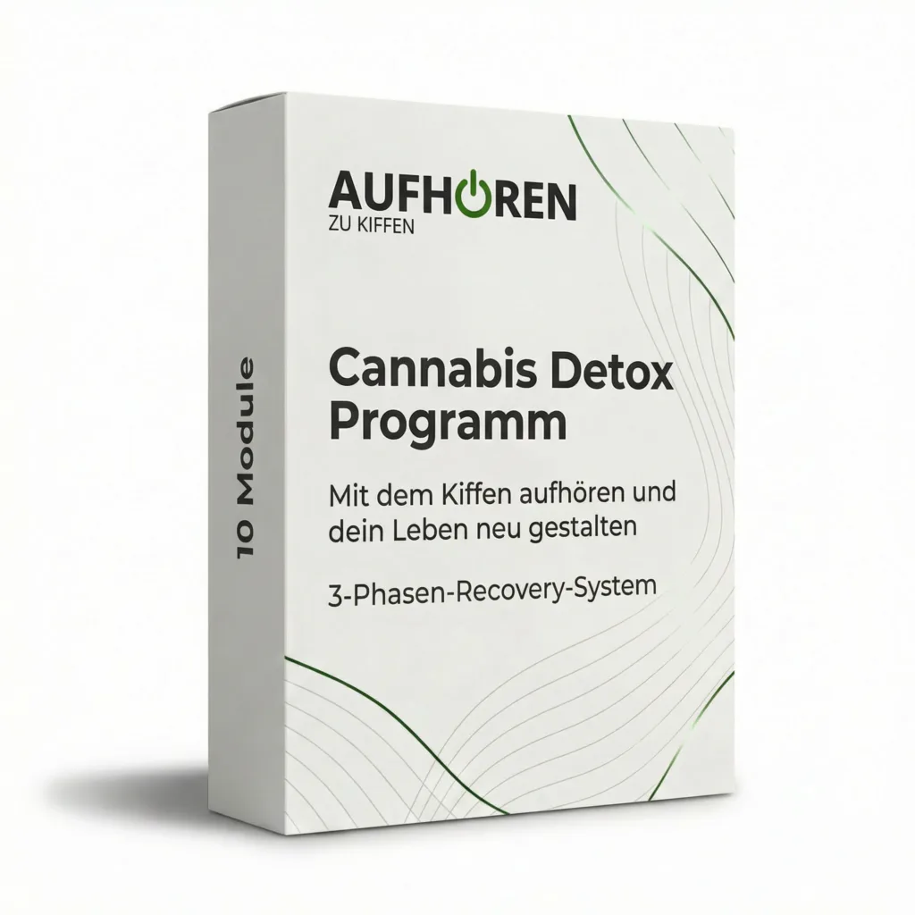 Cannabis Detox Programm Produktbox mit AUFHÖREN ZU KIFFEN Logo und 3-Phasen-Recovery-System