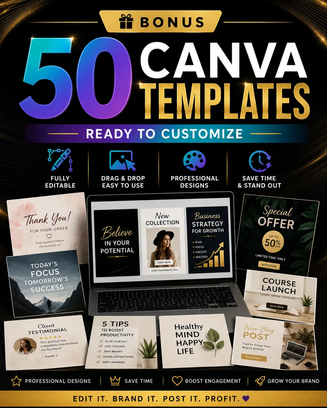 Bonus-Grafik mit 50 Canva-Vorlagen, bunte Designs auf Laptop-Screen, verschiedene Template-Beispiele für Social Media und Mar