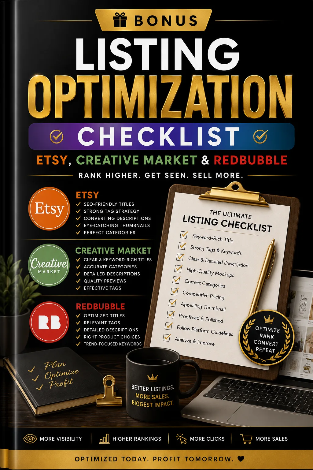Bonus Listing Optimization Checklist für Etsy, Creative Market und Redbubble mit Klemmbrett und Checklisten-Details