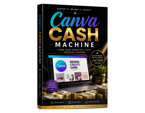 Canva Cash Machine E-Book Cover Produktabbildung, schwarzes 3D-Buch mit Canva-Logo und Laptop-Mockup