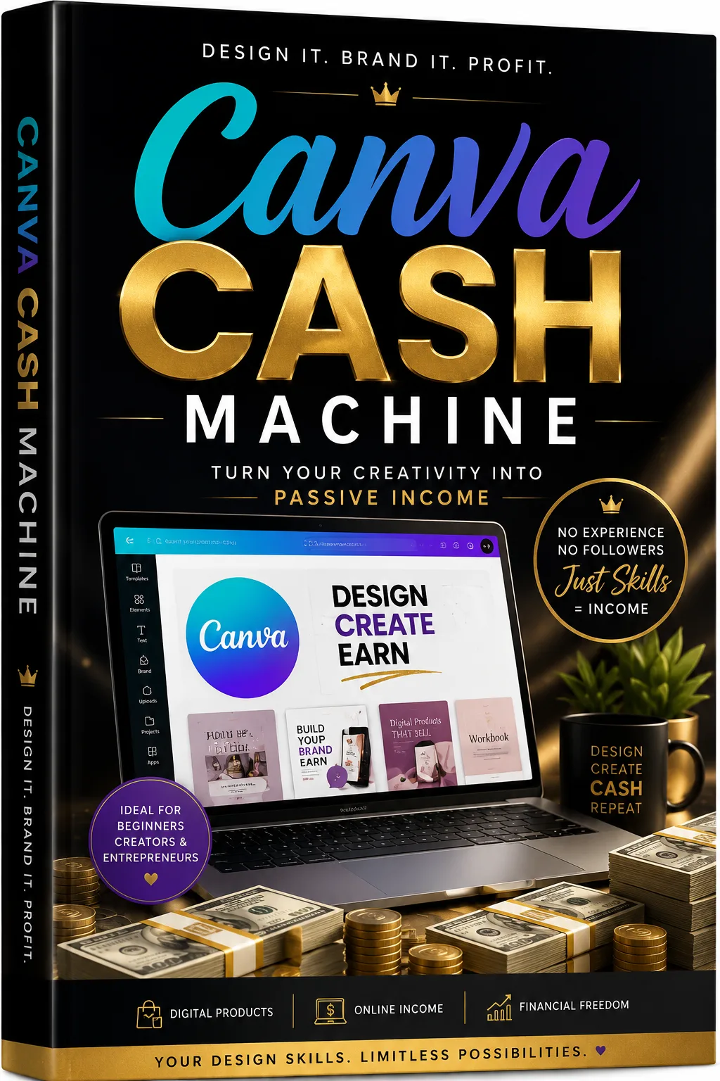 Canva Cash Machine Buch-Cover mit schwarzem Hintergrund, Canva-Logo auf Laptop-Screen, Geldscheine und Münzen, türkis-lila Fa
