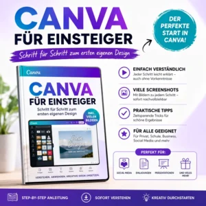 Produktabbildung Canva für Einsteiger E-Book mit Buch-Mockup, Features und Anwendungsbereichen