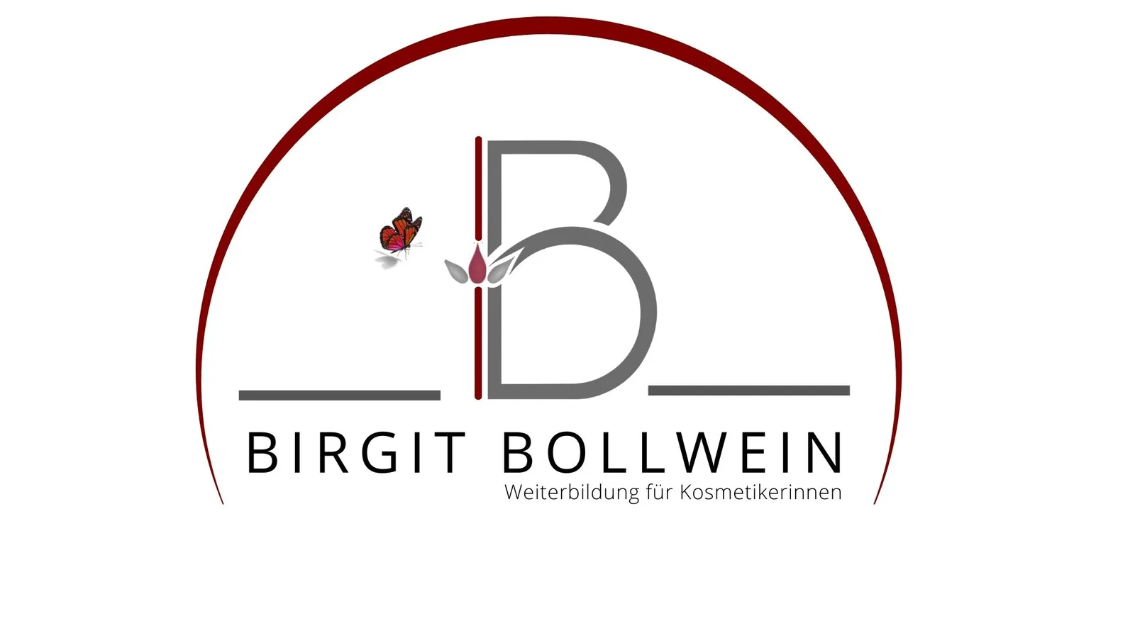 Logo Birgit Bollwein mit Schmetterling, grauem B, rotem Akzent und Untertitel Weiterbildung für Kosmetikerinnen
