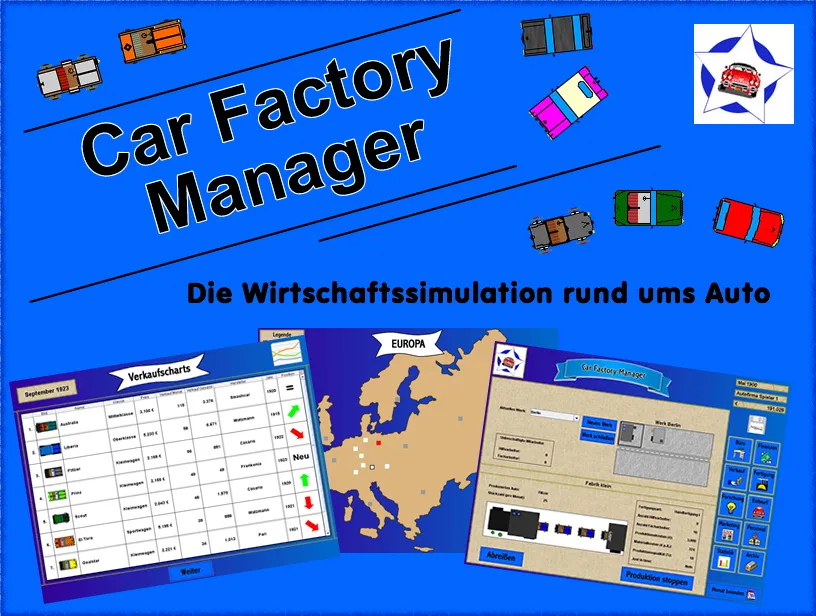 Car Factory Manager Produktabbildung mit Spielelementen, Europa-Karte und Benutzeroberflächen-Screenshots auf blauem Hintergr